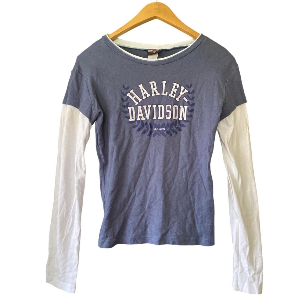 Y2K Harley Davidson Graphic Baby Tee Layered Long Sleeve Medium Blue Biker Moto